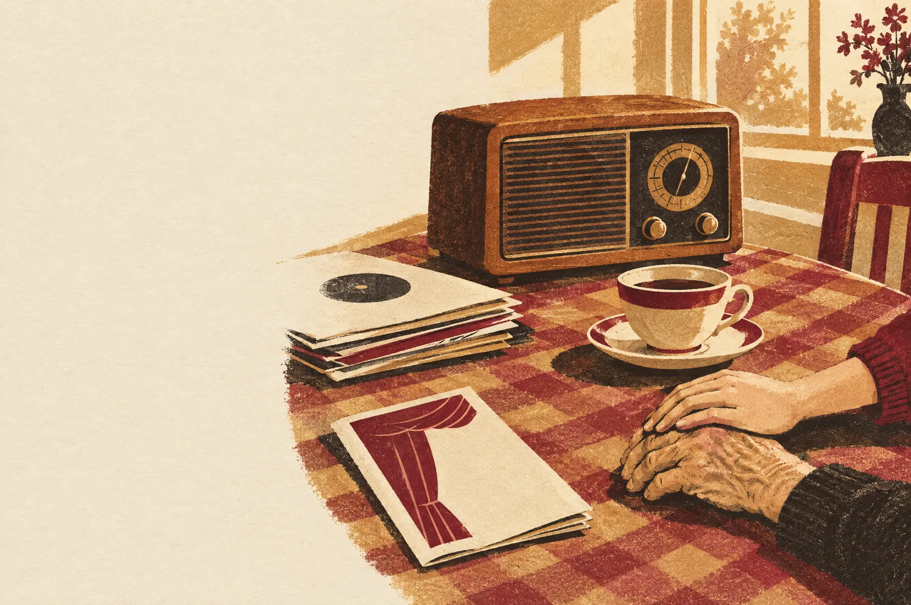 A 1950s radio, records and a teacup on a kitchen table, with an older hand held gently by a younger one